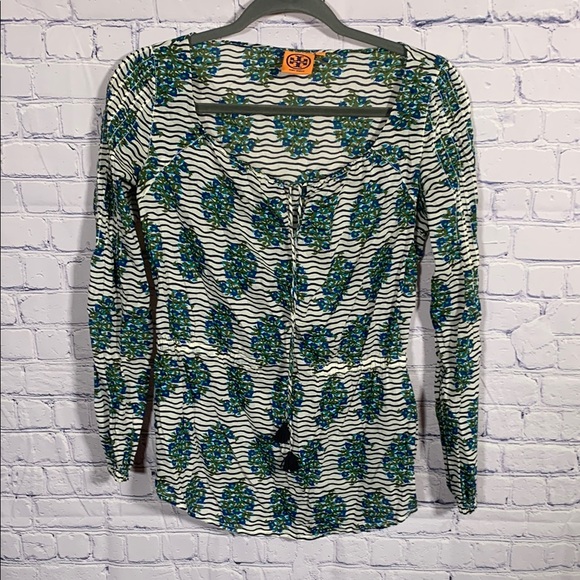 Tory Burch Tops - Tory Burch Womens Evelina Tunic Top Striped Paisley Print Black Green Size 0